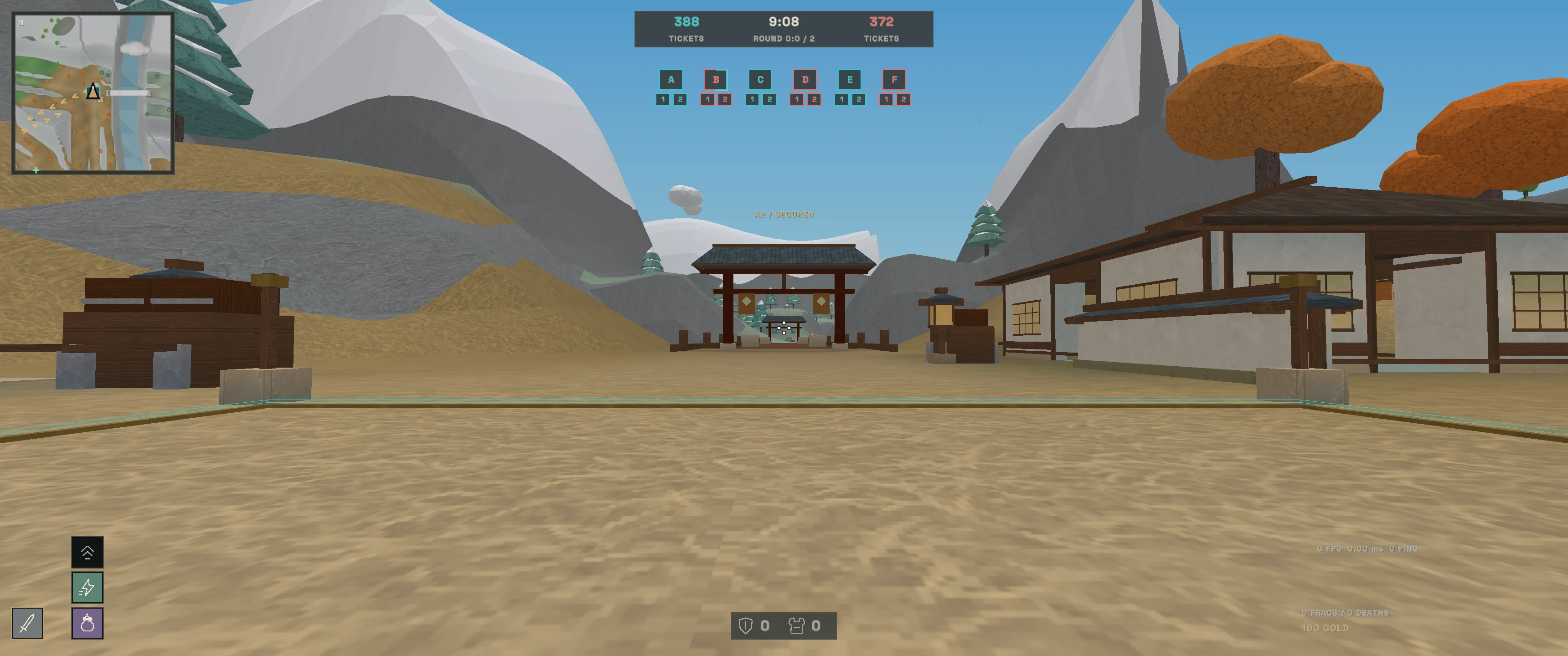 Shogun gameplay and its settlement display in the native game client.