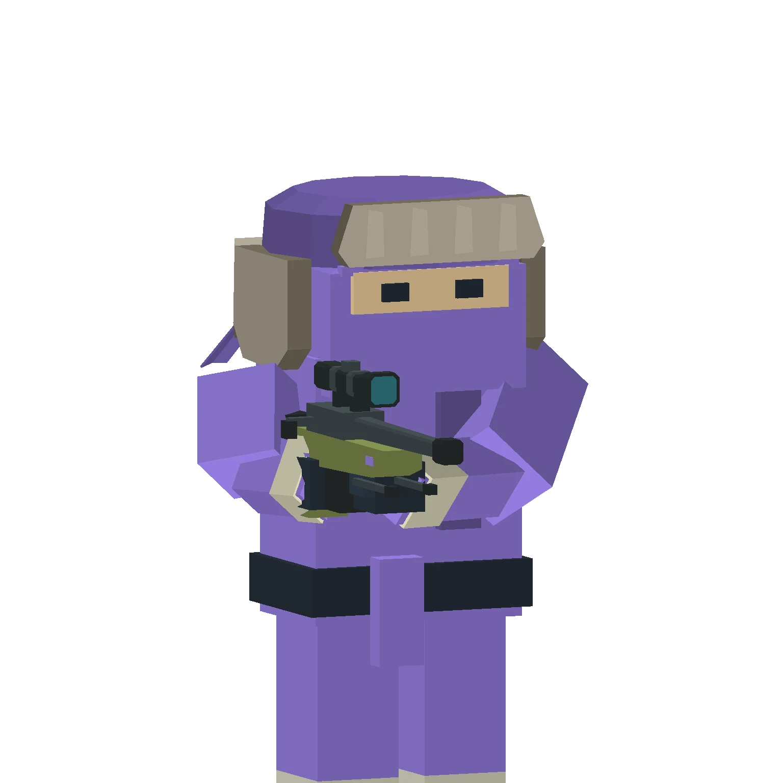 Soba, the violet ninja wearing an ushanka and holding an Arctic railgun, captured in the game renderer